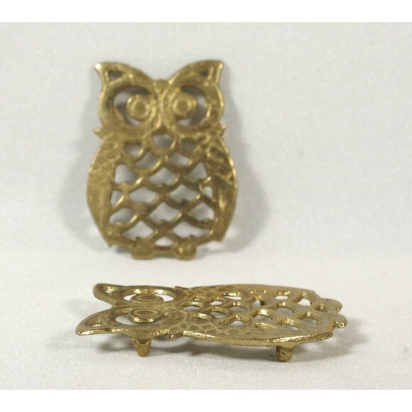 Set of 2 Vintage Brass Owl Trivets Metal Hot Pads Wall Hanger Retro Bird Coaster - Picture 2 of 4